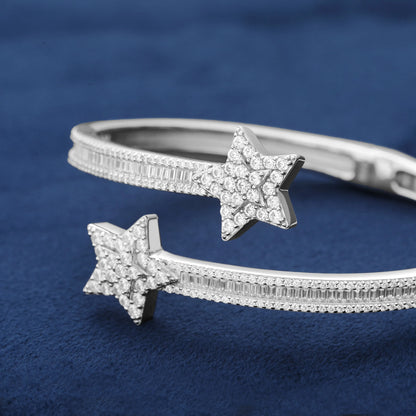 FJ BRACELET - Fashion Trendy Fine .925 Sterling Silver, VVS - D Baguette Moissanite Diamonds, Star Bangle Design.