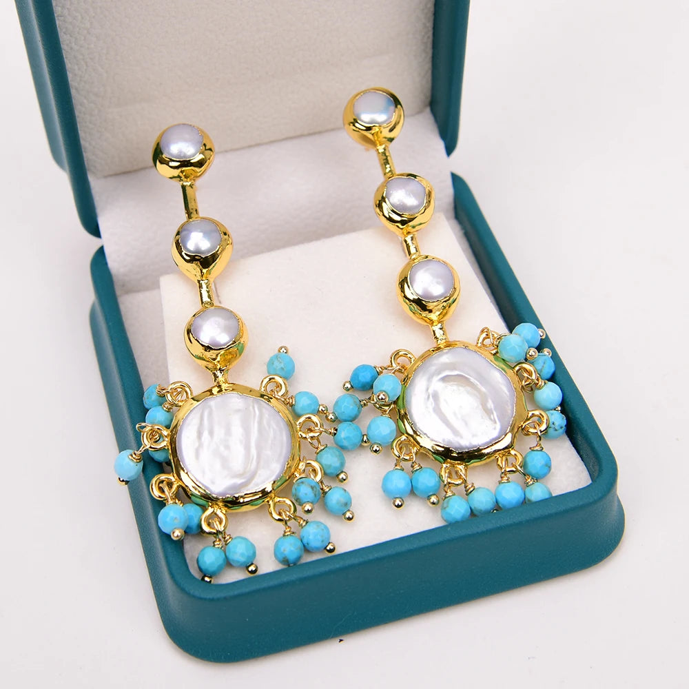 EARRINGS -  Cultured Large Coin Pearls, Authentic White Keshi Pearls, Blue Turquoise Beads, Handcrafted Dangle Earrings.