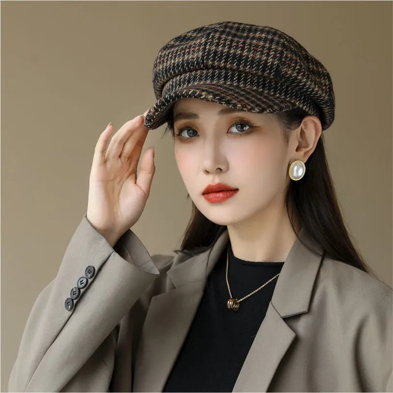 HAT - Trendy British Style Octagonal Hat, Warm Wool Hat with Brim for Shade