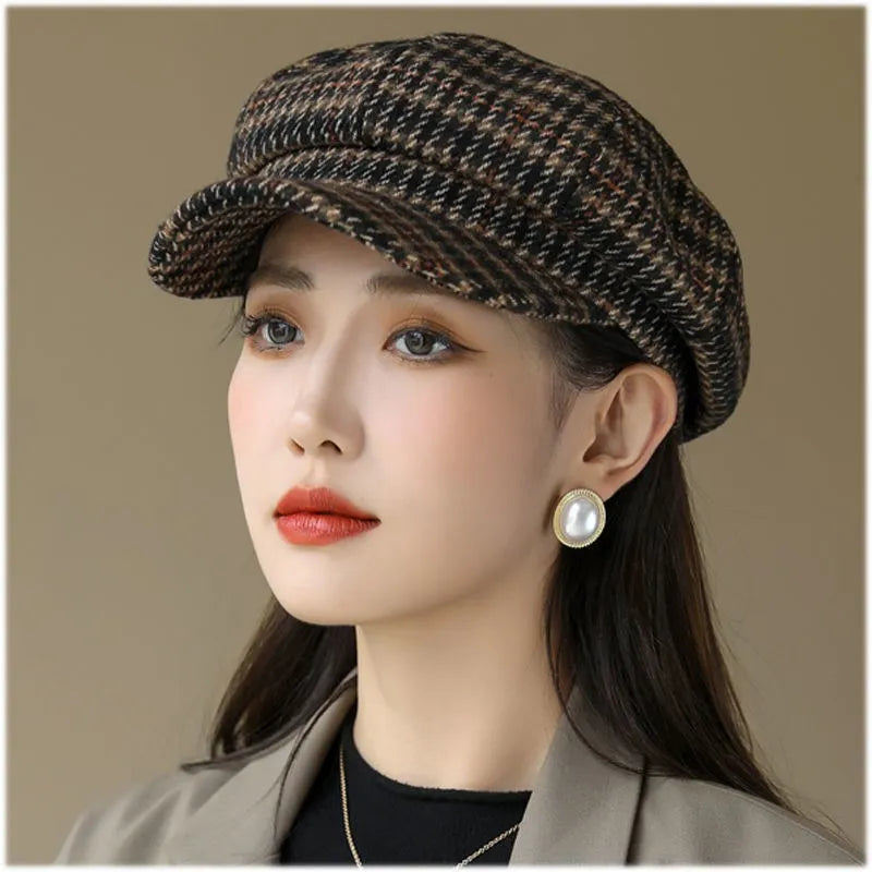 HAT - Trendy British Style Octagonal Hat, Warm Wool Hat with Brim for Shade