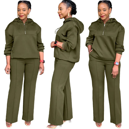 Sweatshirts Two Pieces Set Women Hooded Half Zipper Top Pants Suit Elastic Waist Trousers Sports Pockets Casual Elegant Lady