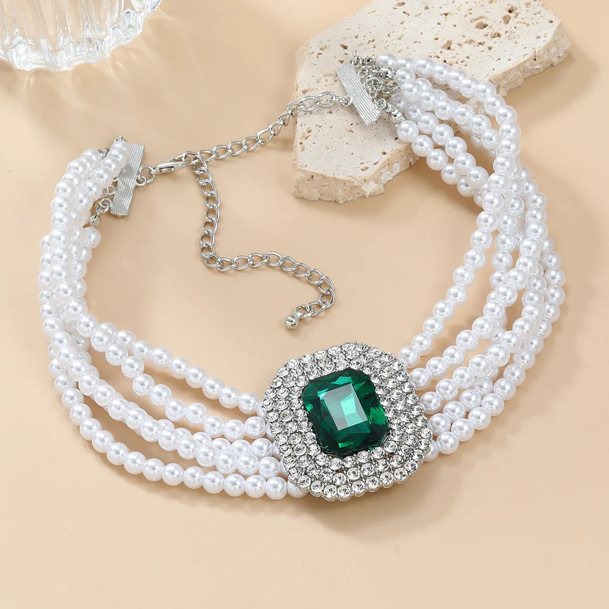 NECKLACE - Luxury Fashion Square Crystal Necklace, Five Colors, Rhinestone and Artificial Pearl Jewelry, Fun Necklace.