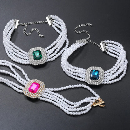 NECKLACE - Luxury Fashion Square Crystal Necklace, Five Colors, Rhinestone and Artificial Pearl Jewelry, Fun Necklace.