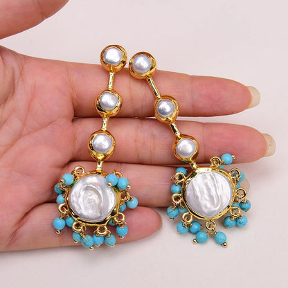 EARRINGS -  Cultured Large Coin Pearls, Authentic White Keshi Pearls, Blue Turquoise Beads, Handcrafted Dangle Earrings.