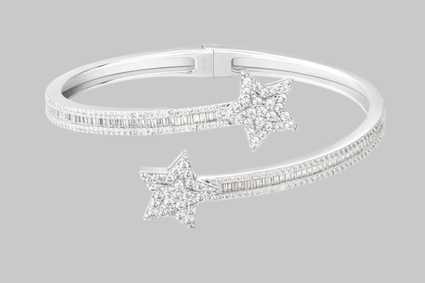 FJ BRACELET - Fashion Trendy Fine .925 Sterling Silver, VVS - D Baguette Moissanite Diamonds, Star Bangle Design.