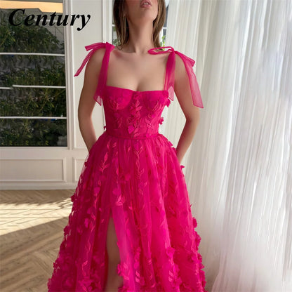 EVENINGS - Sweetheart Evening Gowns, with Slit Applique 3D Fuchsia Flowers, Floor Length, Many Color Variations.