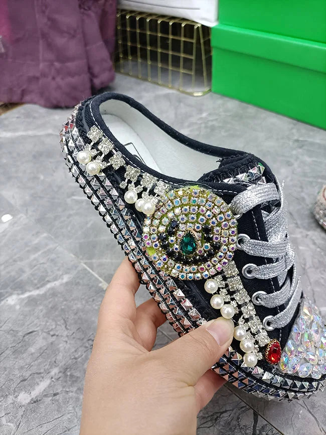 FOOTWEAR - Canvas shoes embellished with sparkling rhinestone diamonds, featuring handmade rivets, a half-slipper design, round toe, and a low heel, available in two colors.