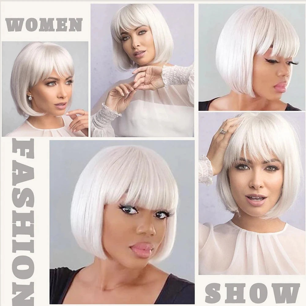 HAIR - Discover the allure of a short, straight bob wig available in white or dark umber red, featuring bangs for a complete look. Crafted from natural, synthetic hair that mimics the appearance of natural locks, this