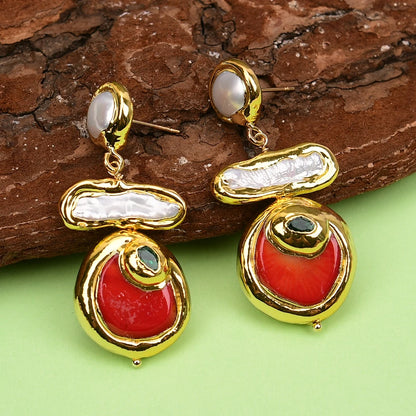 G-G Natural Red Coral Gold Edge Plated Green CZ Crystal Pave White Biwa Pearl Dangle Earrings Lady Coral Jewelry Gifts