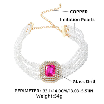 NECKLACE - Luxury Fashion Square Crystal Necklace, Five Colors, Rhinestone and Artificial Pearl Jewelry, Fun Necklace.