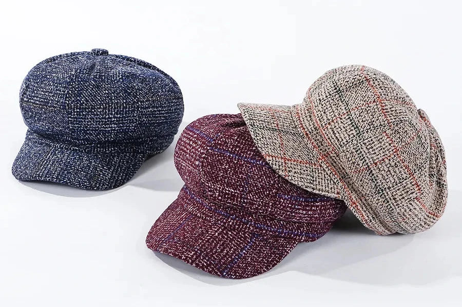 HAT -  Newsboy Cap, Six Colors, Thickened Plaid Woolen Octagonal Hat with Brim for Shade.