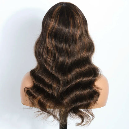 HAIR -  Ombre Highlighted Body Wave, Real Human Hair Wig with Bangs, ideal for everyday wear with a comfortable cap.