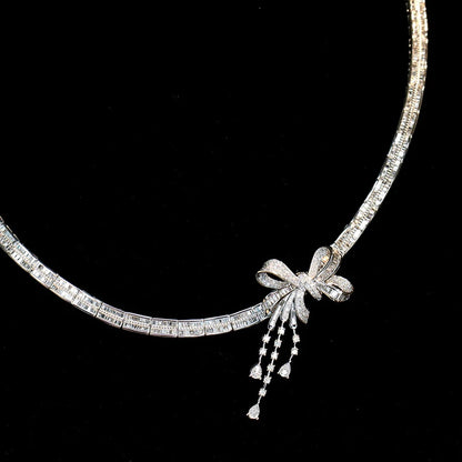 FJ NECKLACE - Stunning 18K White Gold Bowknot Necklace, Accented with Real Diamonds, 7.8caret. H SI Charm Jewelry