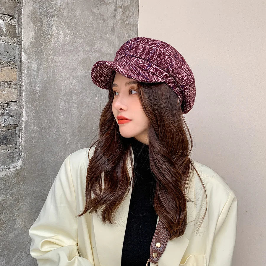 HAT -  Newsboy Cap, Six Colors, Thickened Plaid Woolen Octagonal Hat with Brim for Shade.