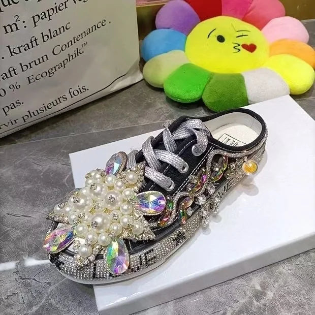 FOOTWEAR - Canvas shoes embellished with sparkling rhinestone diamonds, featuring handmade rivets, a half-slipper design, round toe, and a low heel, available in two colors.