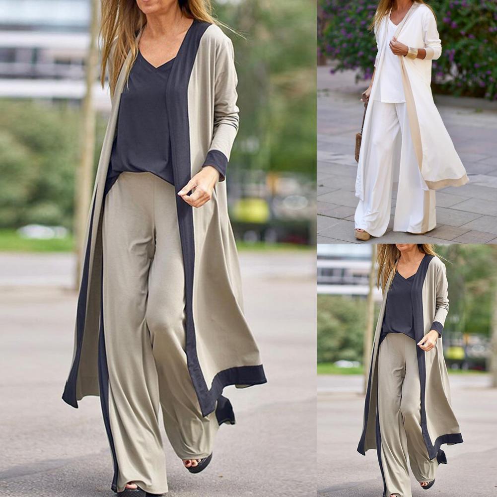 SETS - Sporty elegance in a Three-Piece Set. Women's Outfit Long Cardigan Sling Top, Wide Leg Pants, Camisole Top. This three-piece set's beautiful color block design ensures that it is stylish and far from monotonous. The lo