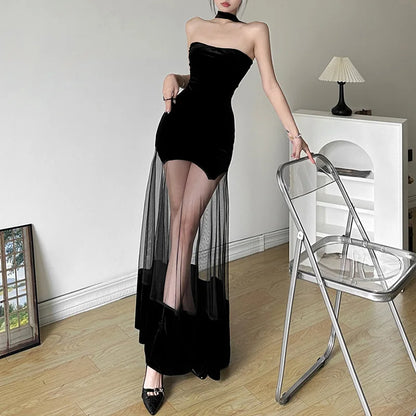 EVENINGS - Fun and Unique Dark Velvet Spandex, Pullover Party  Dress, Mesh See-thru Bottom, S-L, Backless.