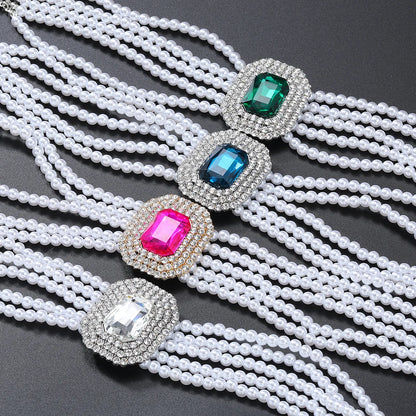 NECKLACE - Luxury Fashion Square Crystal Necklace, Five Colors, Rhinestone and Artificial Pearl Jewelry, Fun Necklace.