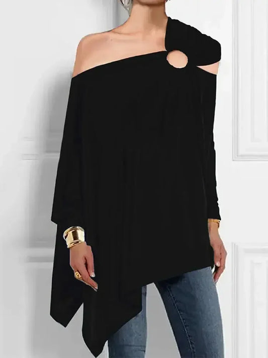 Solid Color Hollowed Asymmetric T-shirt for Women One-Shoulder Long Sleeve Loose Fit Shirt Top Female Blouse