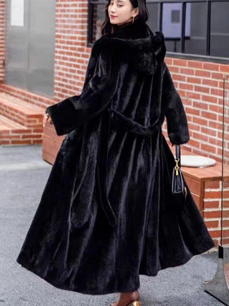 FAUX FUR COAT - Soft and Thick Imitation Mink Fur Coat, Black Hooded, Warm and Comfortable.