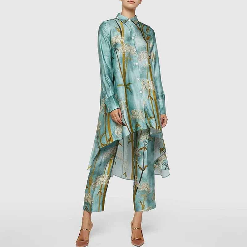 SETS - Beautifully made Asymmetrical Pattern Printed Two-piece Sets, Lapel Button, Hem Shirt w/Straight Pants in 2 shades of green..