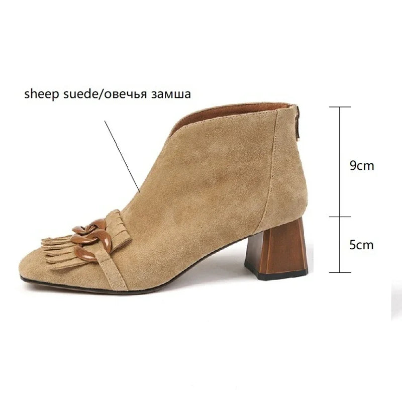 HOT SALES Autumn/Winter Women Boots Sheep Suade Round Toe Square Mid-Heel Ankle Boots Tassel Zipper Fashion Office Ladies Shoes