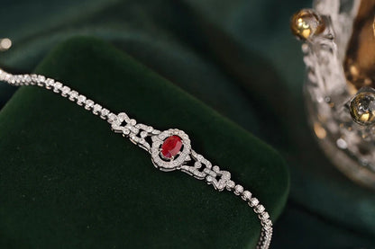 FJ BRACELETS - Elegant 100% 18K White Gold Bracelet, Romantic Style Natural Ruby and Luxury Diamond Jewelry.