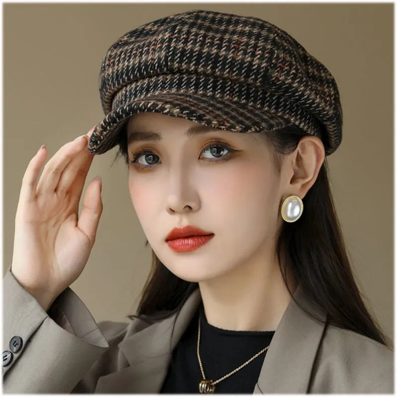 HAT - Trendy British Style Octagonal Hat, Warm Wool Hat with Brim for Shade