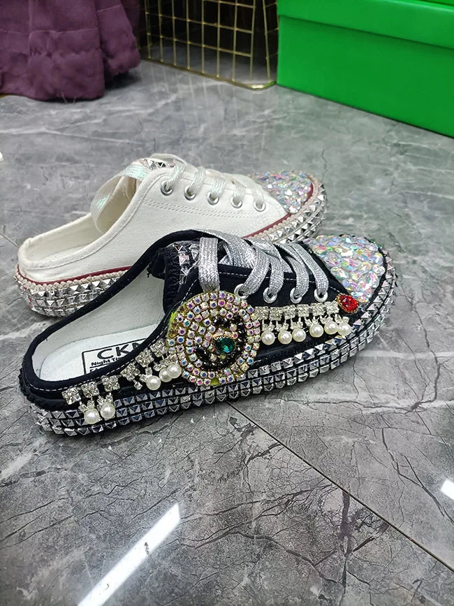 FOOTWEAR - Canvas shoes embellished with sparkling rhinestone diamonds, featuring handmade rivets, a half-slipper design, round toe, and a low heel, available in two colors.