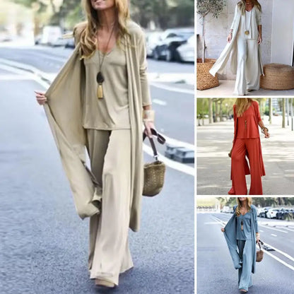 SETS - Chic and slimming, this solid-color three-piece casual outfit epitomizes versatility and style. The ensemble is ideal for any occasion and includes a V-neck camisole, wide-leg trousers, and a flowing long cardigan, all