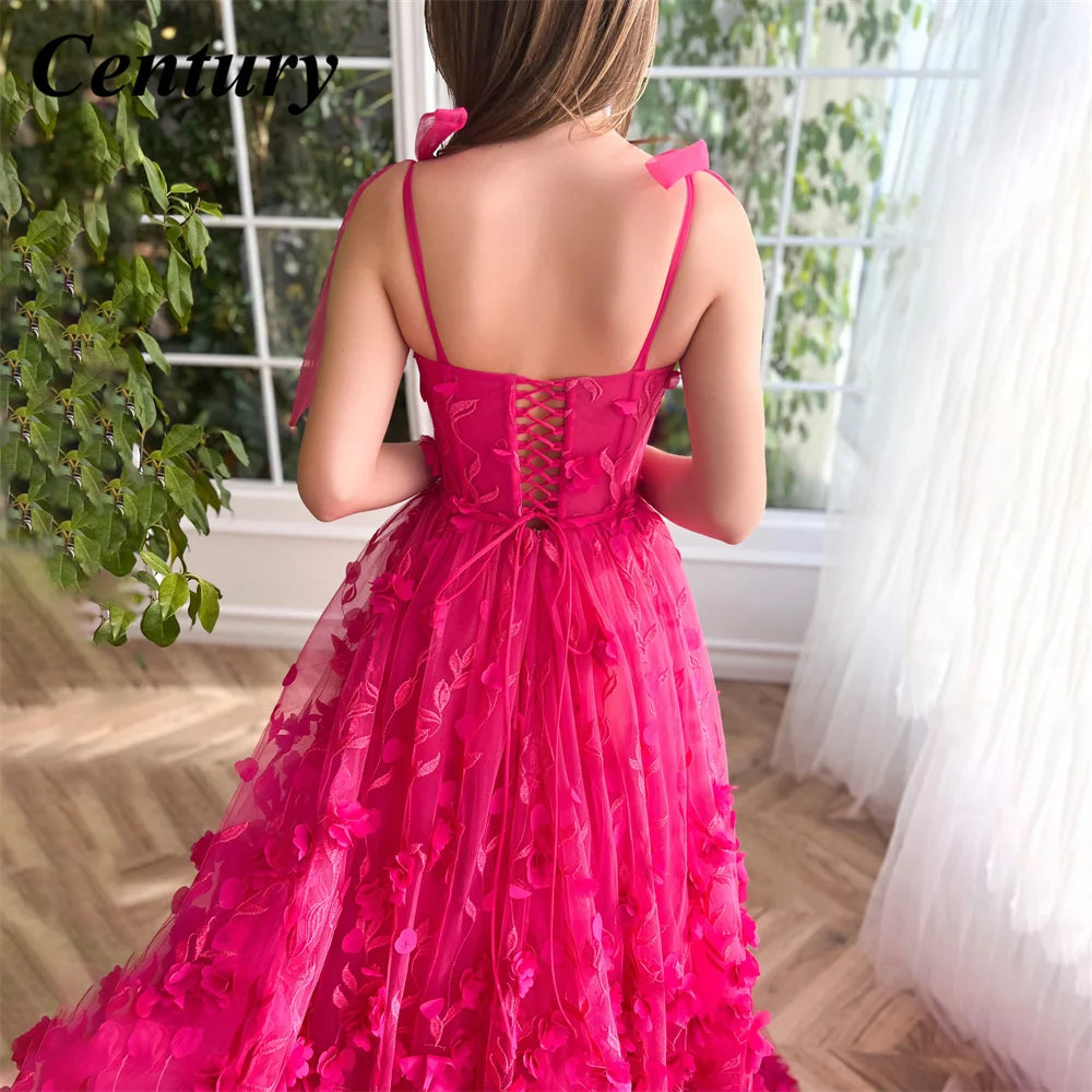 EVENINGS - Sweetheart Evening Gowns, with Slit Applique 3D Fuchsia Flowers, Floor Length, Many Color Variations.