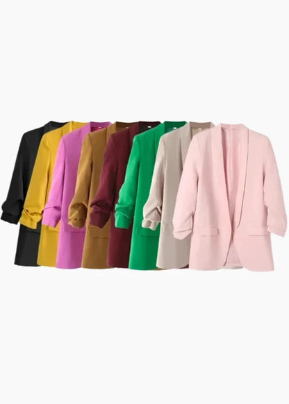 TRAF Women Fashion Office Wear Open Blazer Coat Vintage Long Pleated Sleeves Flap Pockets Female Outerwear Chic Tops