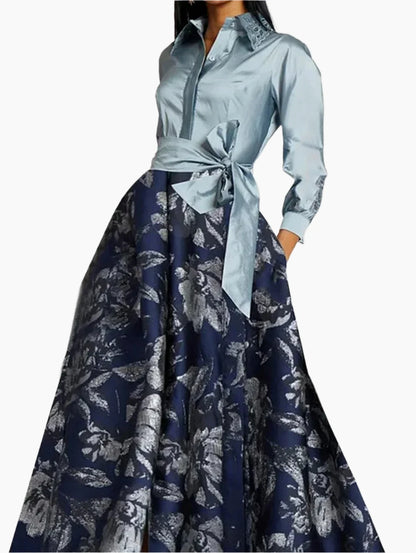 EVENINGS - Elegant Floral Printing Maxi Dress, Turndown Collar, Long Sleeve Bowknot Pocket