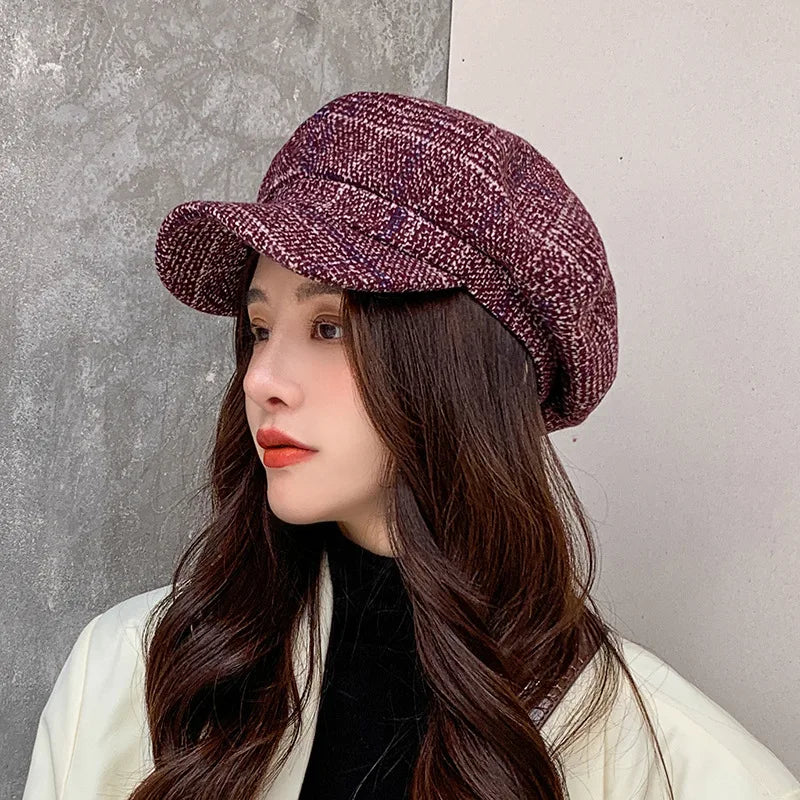 HAT -  Newsboy Cap, Six Colors, Thickened Plaid Woolen Octagonal Hat with Brim for Shade.