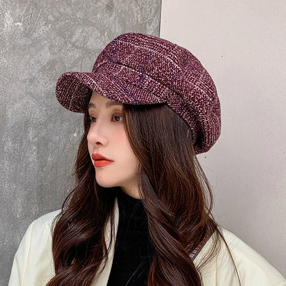 HAT -  Newsboy Cap, Six Colors, Thickened Plaid Woolen Octagonal Hat with Brim for Shade.