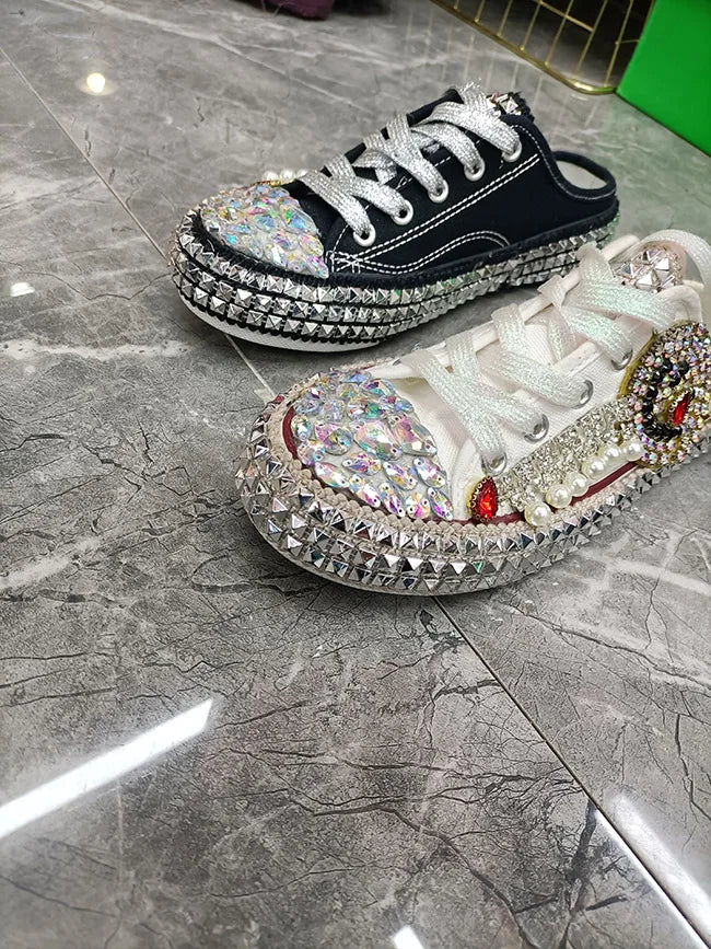 FOOTWEAR - Canvas shoes embellished with sparkling rhinestone diamonds, featuring handmade rivets, a half-slipper design, round toe, and a low heel, available in two colors.