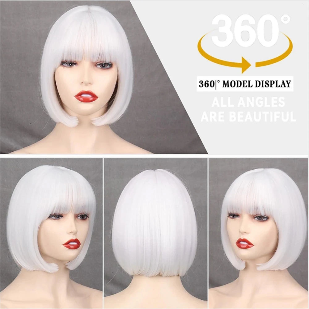 HAIR - Discover the allure of a short, straight bob wig available in white or dark umber red, featuring bangs for a complete look. Crafted from natural, synthetic hair that mimics the appearance of natural locks, this