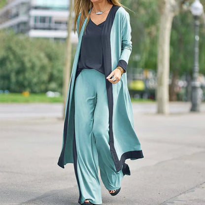 Women Casual V-Neck Sling Top Straight Trouser Long Cardigan 3PCS Suit Solid Wide Leg Pant Spring Autumn Streetwear Dropshipping