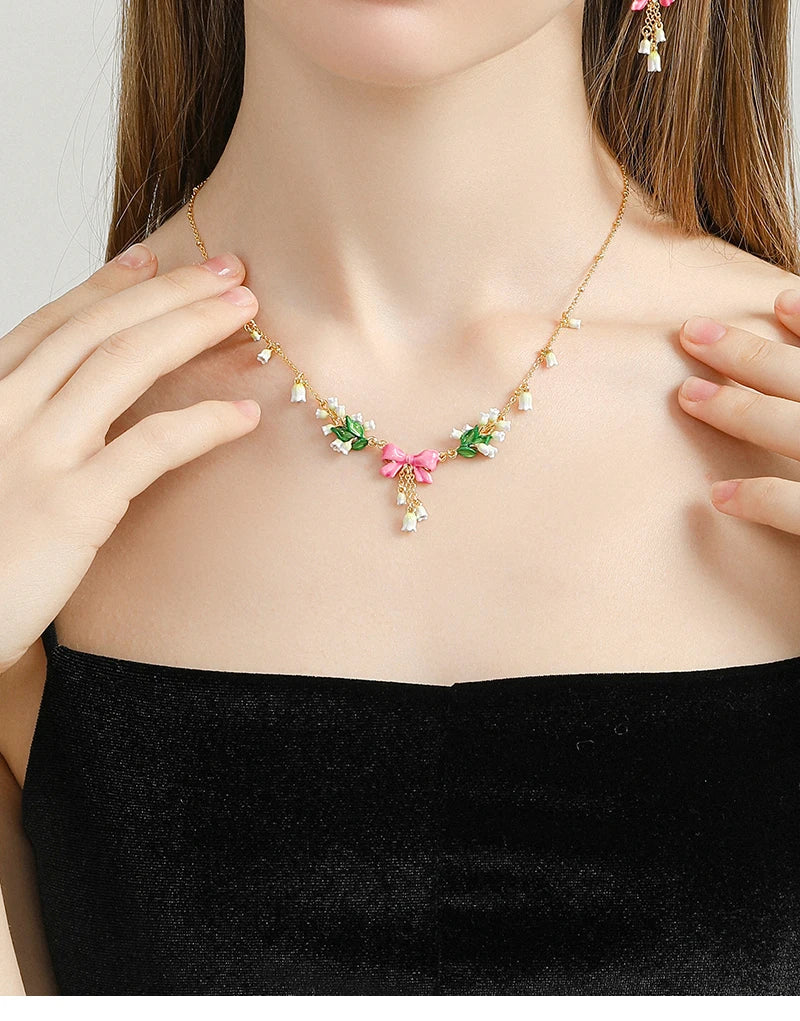 NECKLACE - Pink Bow Necklace, White Bellflower. Collarbone Chain, Trendy Enamel Flower Necklace, 18K Gold Plated.  (SEE RING)