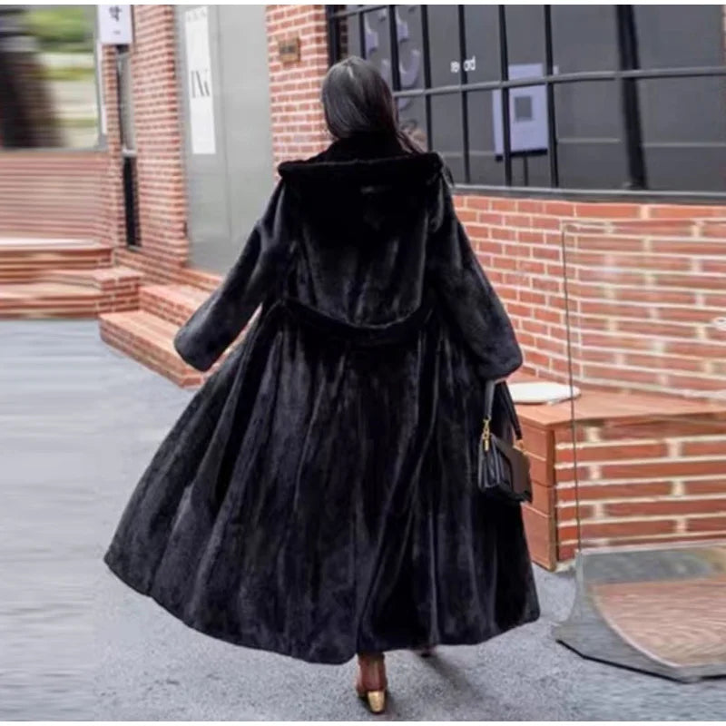 FAUX FUR COAT - Soft and Thick Imitation Mink Fur Coat, Black Hooded, Warm and Comfortable.