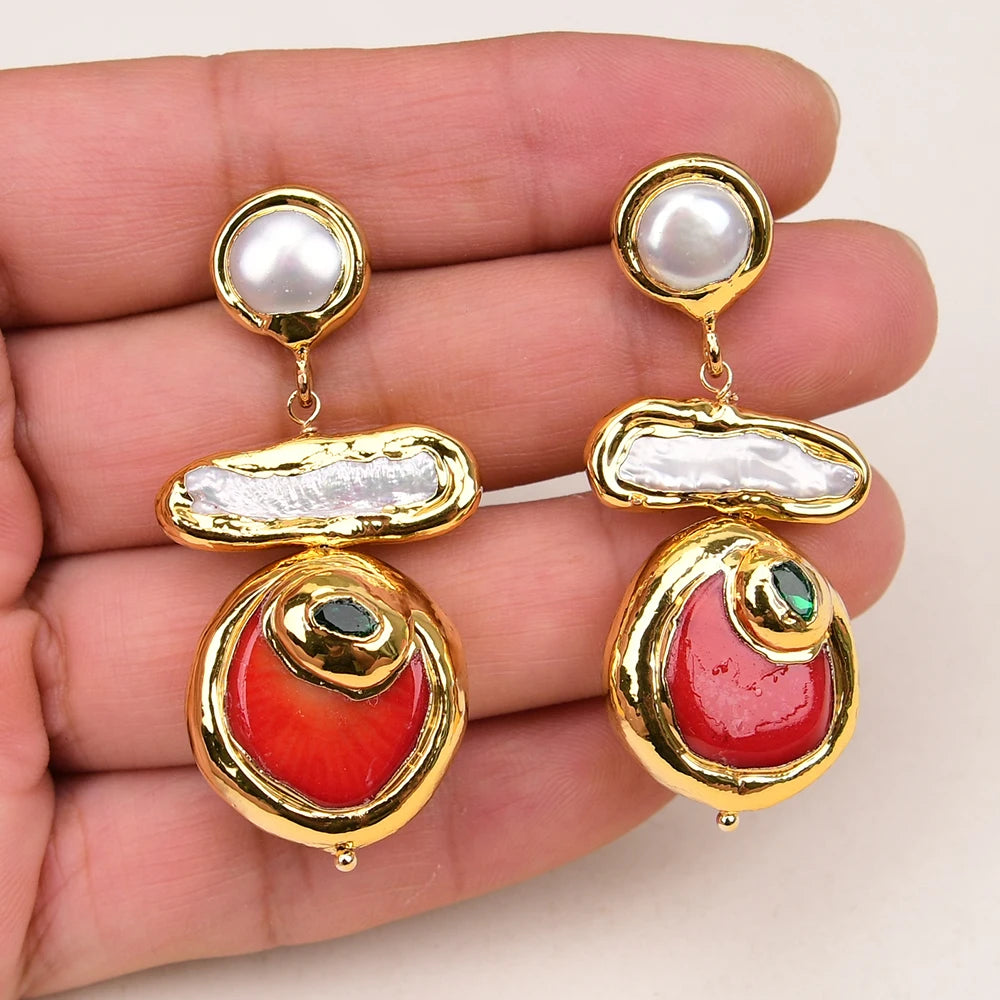 G-G Natural Red Coral Gold Edge Plated Green CZ Crystal Pave White Biwa Pearl Dangle Earrings Lady Coral Jewelry Gifts