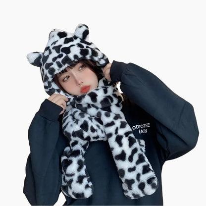 SET - Cute Bear Ears Warmer, Scarf Cap, Glove, Neck Warmer 3-Piece Set, Kawaii Anime Plush Y2k Faux Fur Scarves.