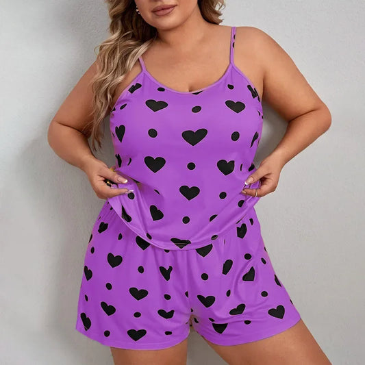 LINGERIE -  Heart Print Pajama Set Sleeveless, Two Piece Crop Top & Elastic Waist Shorts.