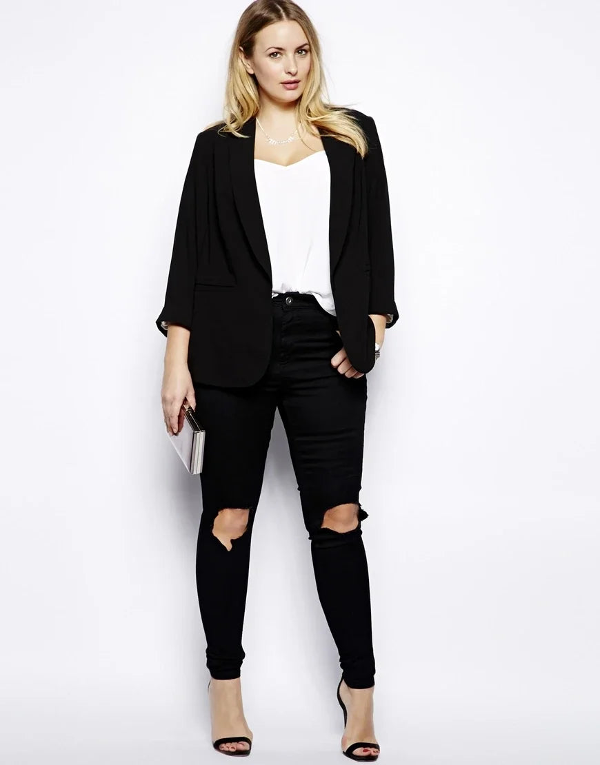 BLAZER - Curvy Divas Apparel, Shawl Collar Casual Blazer, Long Rolling Sleeve, Pocket Solid Black