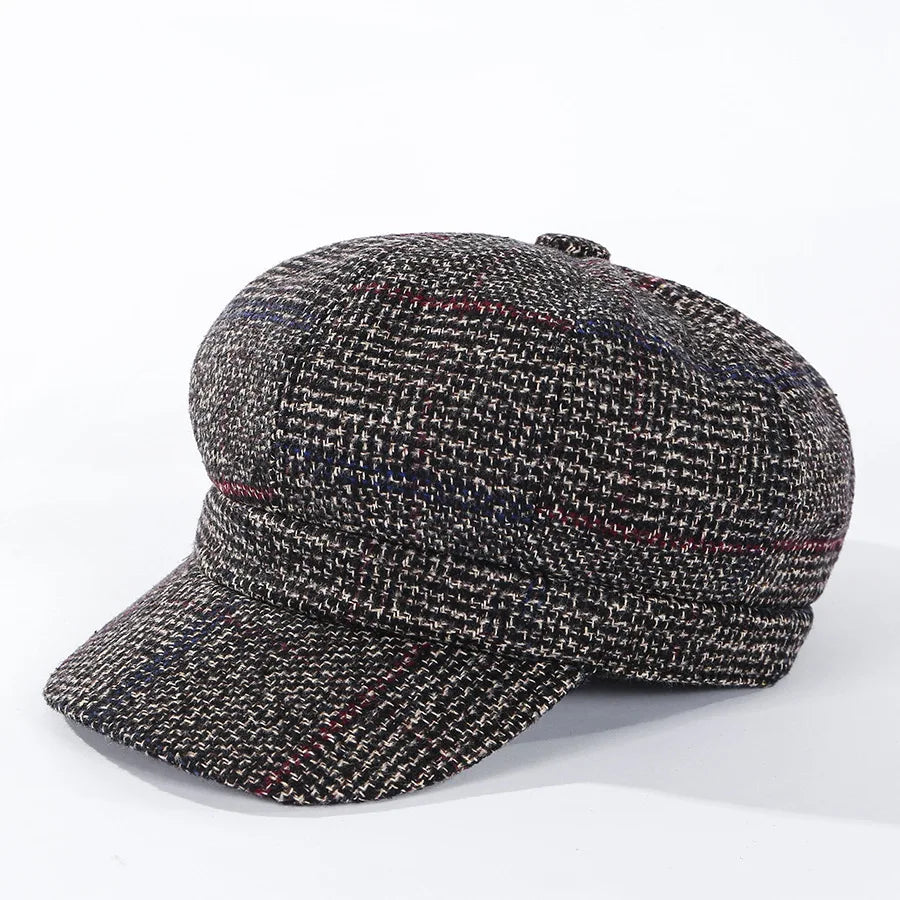 HAT -  Newsboy Cap, Six Colors, Thickened Plaid Woolen Octagonal Hat with Brim for Shade.