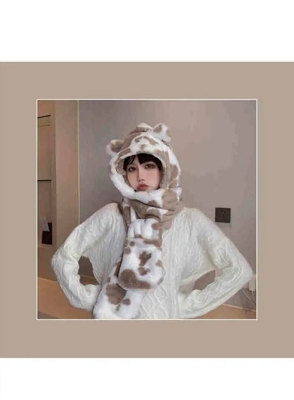 SET - Cute Bear Ears Warmer, Scarf Cap, Glove, Neck Warmer 3-Piece Set, Kawaii Anime Plush Y2k Faux Fur Scarves.