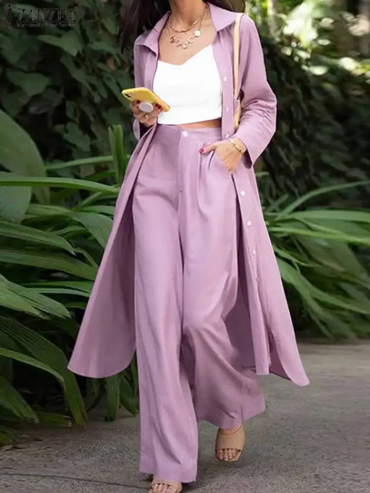 SETS - Elegant matching set featuring a long-sleeve split lapel button blouse and wide-leg trousers, available in four color choices and sizes ranging from S to 5XL.