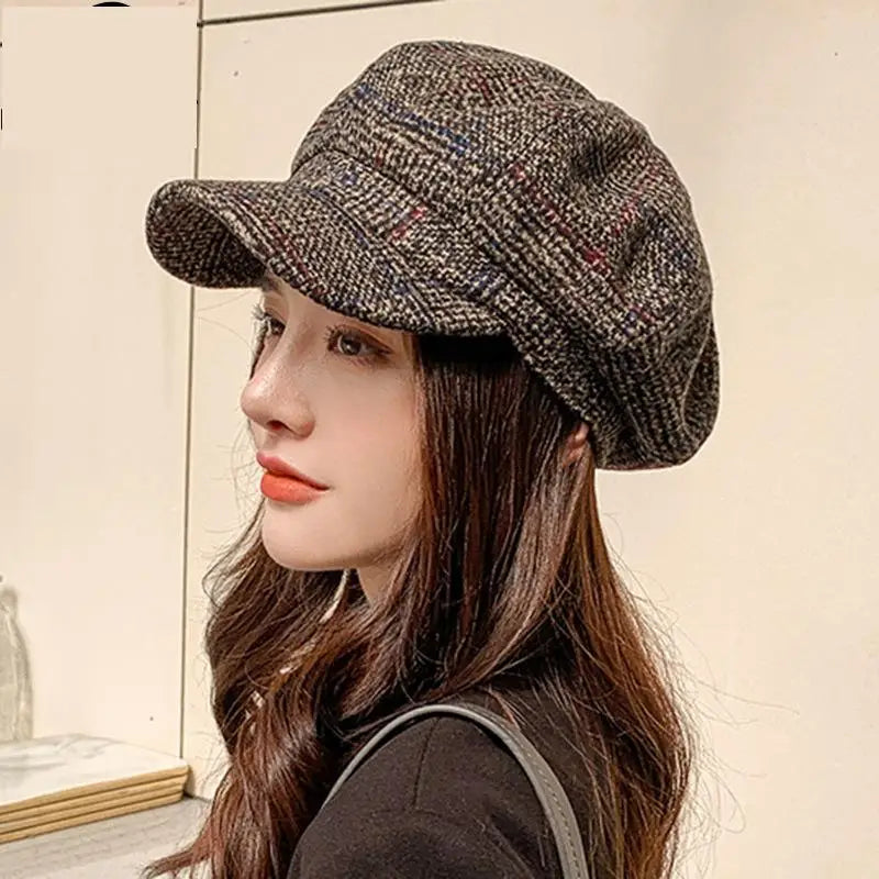 HAT -  Newsboy Cap, Six Colors, Thickened Plaid Woolen Octagonal Hat with Brim for Shade.