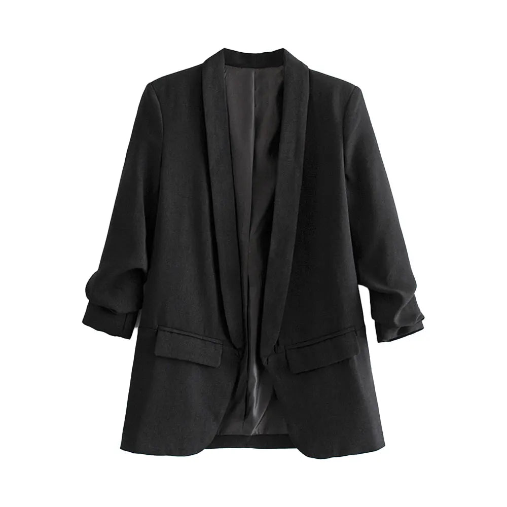 TRAF Women Fashion Office Wear Open Blazer Coat Vintage Long Pleated Sleeves Flap Pockets Female Outerwear Chic Tops