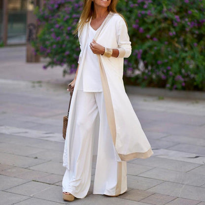 SETS - Sporty elegance in a Three-Piece Set. Women's Outfit Long Cardigan Sling Top, Wide Leg Pants, Camisole Top. This three-piece set's beautiful color block design ensures that it is stylish and far from monotonous. The lo